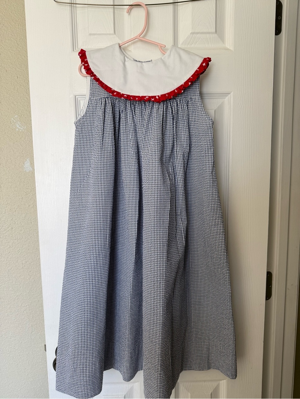 The Bailey Boys Girl Navy Gingham Dress with White Peter Pan Collar and Red Trim